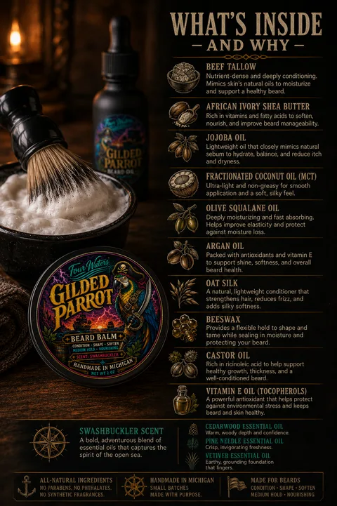 Gilded Parrot Beard Balm card: what is in the tin and why we made it