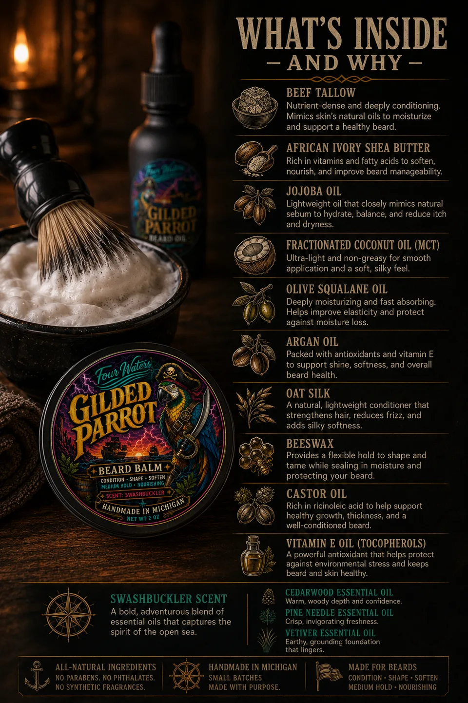 Gilded Parrot Beard Balm card: what is in the tin and why we made it