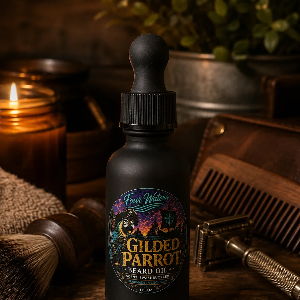 A bottle of Gilded Parrot Beard Oil beside its box, on a dark ground