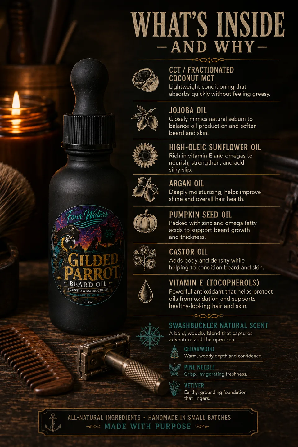 Gilded Parrot Beard Oil card: what is in the bottle and why we made it