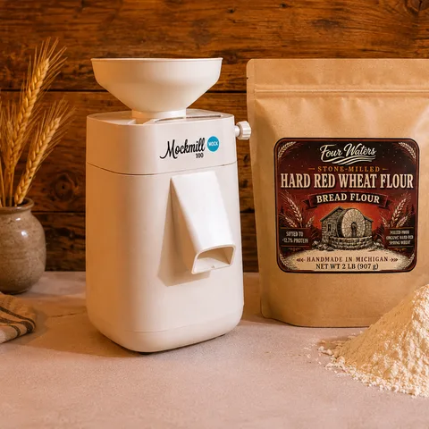 A Mockmill 100 beside a bag of stone-milled hard red wheat flour and a heap of fresh flour