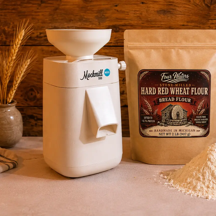 Bags of Hard Red Wheat Flour and White Wheat Flour beside a mill, a heap of flour, wheat germ and a cut loaf