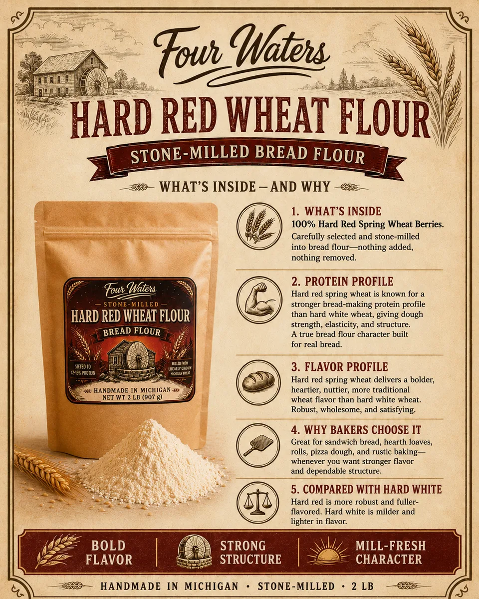 Stone Milled Hard Red Wheat Flour card: what is in the bag and why we mill it this way