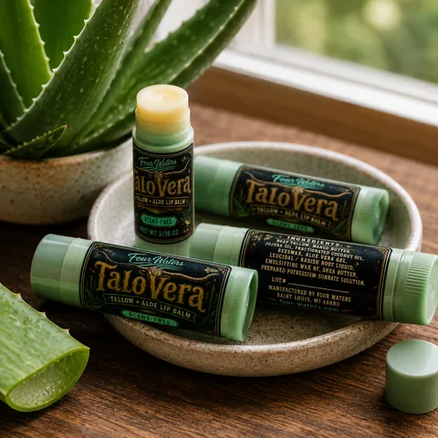 Four TaloVera Lip Balm tubes in a shallow dish beside an aloe plant, one of them uncapped and a loose cap on the wood
