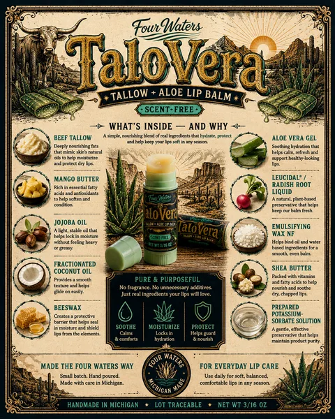 TaloVera Lip Balm ingredient card: what is in it and what each one is for