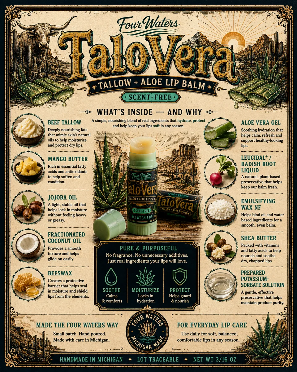 TaloVera Lip Balm ingredient card: what is in it and what each one is for