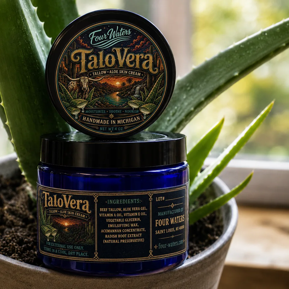 A cobalt glass jar of TaloVera Skin Cream resting against an aloe plant