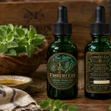 A bottle of EmberLeaf Oregano Infused Olive Oil beside a sprig of oregano