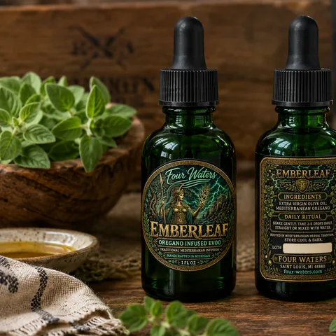 Two bottles of EmberLeaf Oregano Infused Olive Oil beside a bowl of fresh oregano