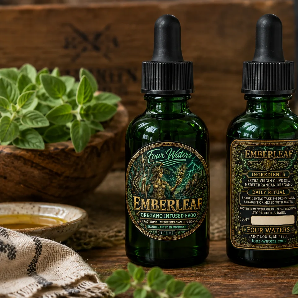 A bottle of EmberLeaf Oregano Infused Olive Oil beside a sprig of oregano