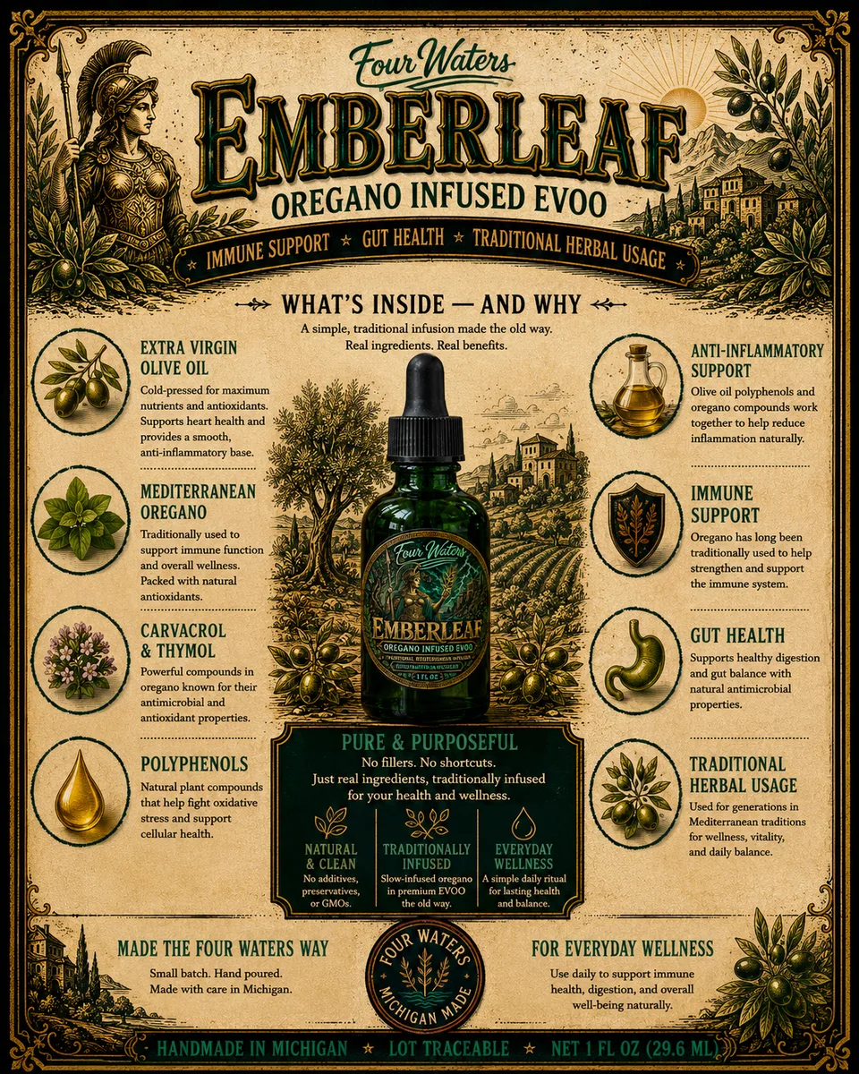 EmberLeaf Oregano Infused Olive Oil ingredient card: the oil, the herb and the steep