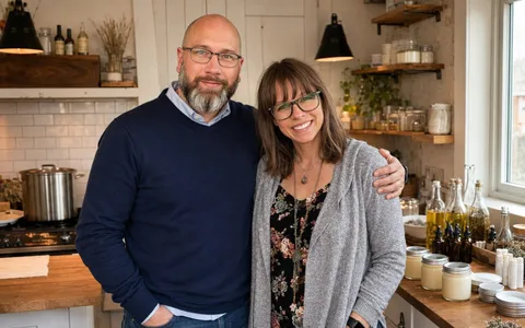 Benjamin and his wife arm in arm in their kitchen, with filled jars of skin cream, bottles of infusing oil and a stockpot on the range behind them
