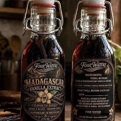 Two bottles of Four Waters Madagascar Vanilla Extract with pieces of bean still in them