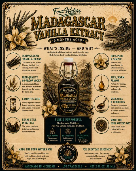 Madagascar Vanilla Extract ingredient card: the beans, the vodka and the time