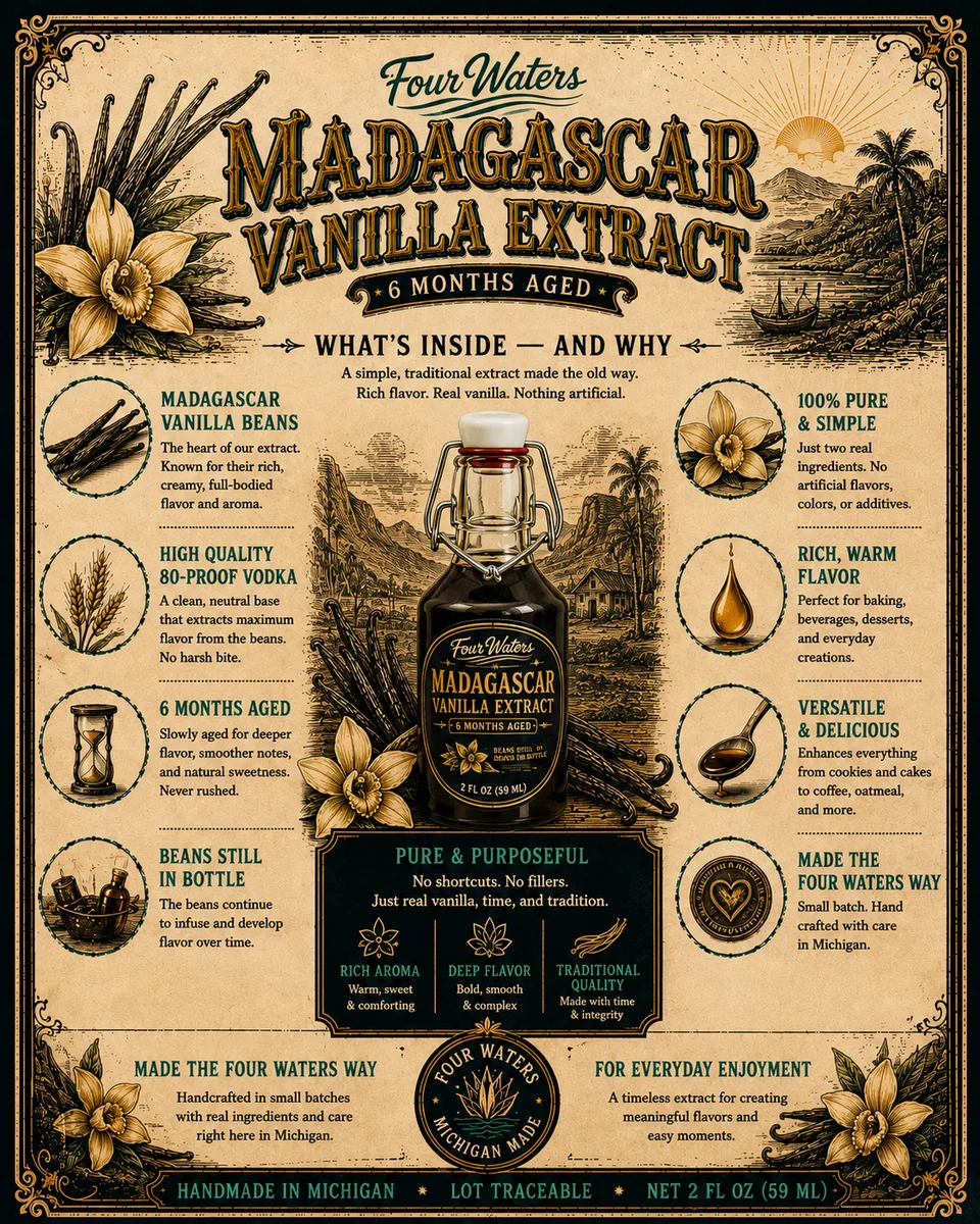 Madagascar Vanilla Extract ingredient card: the beans, the vodka and the time